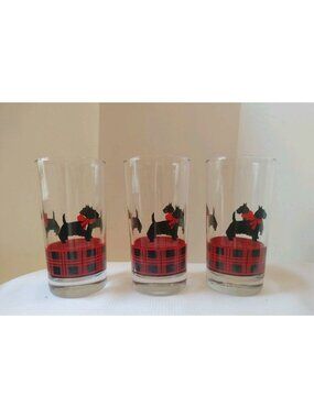 Set Of 3 Anchor Hocking Fitz Scottie Dog Tartan Plaid 16oz Highball Tumblers /cb